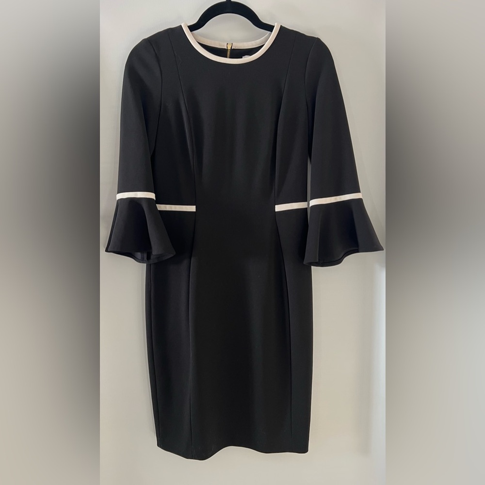 Calvin Klein Black Dress with White Trim, Gold Zipper Detail, Size 4